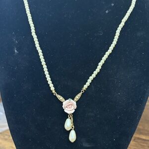 1928 Pearl Necklace with Pink Rose and Gold Accents